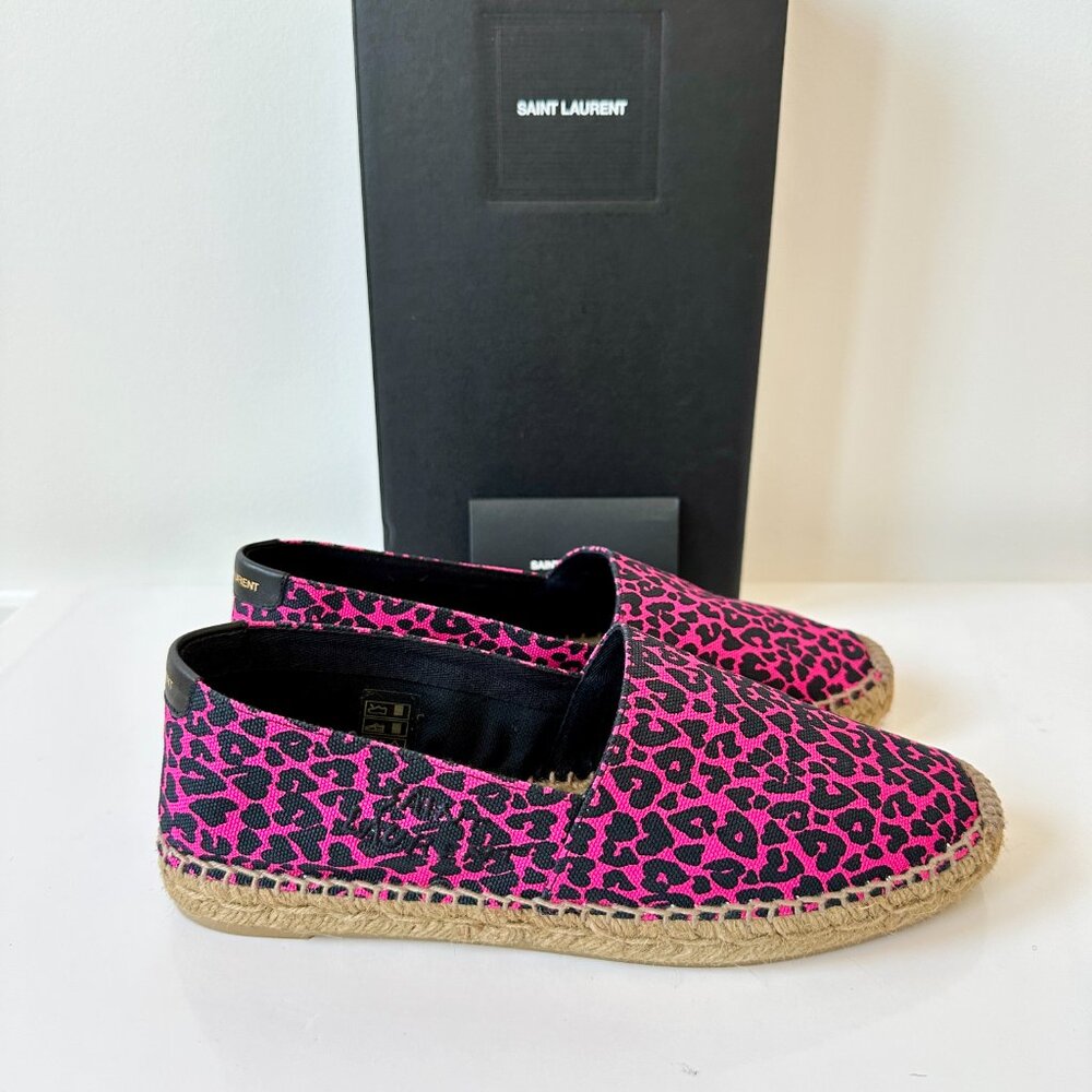 NEW Saint Laurent Espadrilles Pink Leopard Canvas Shoes 38.5
